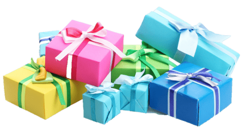 Pile of colorful gift boxes with ribbons and bows